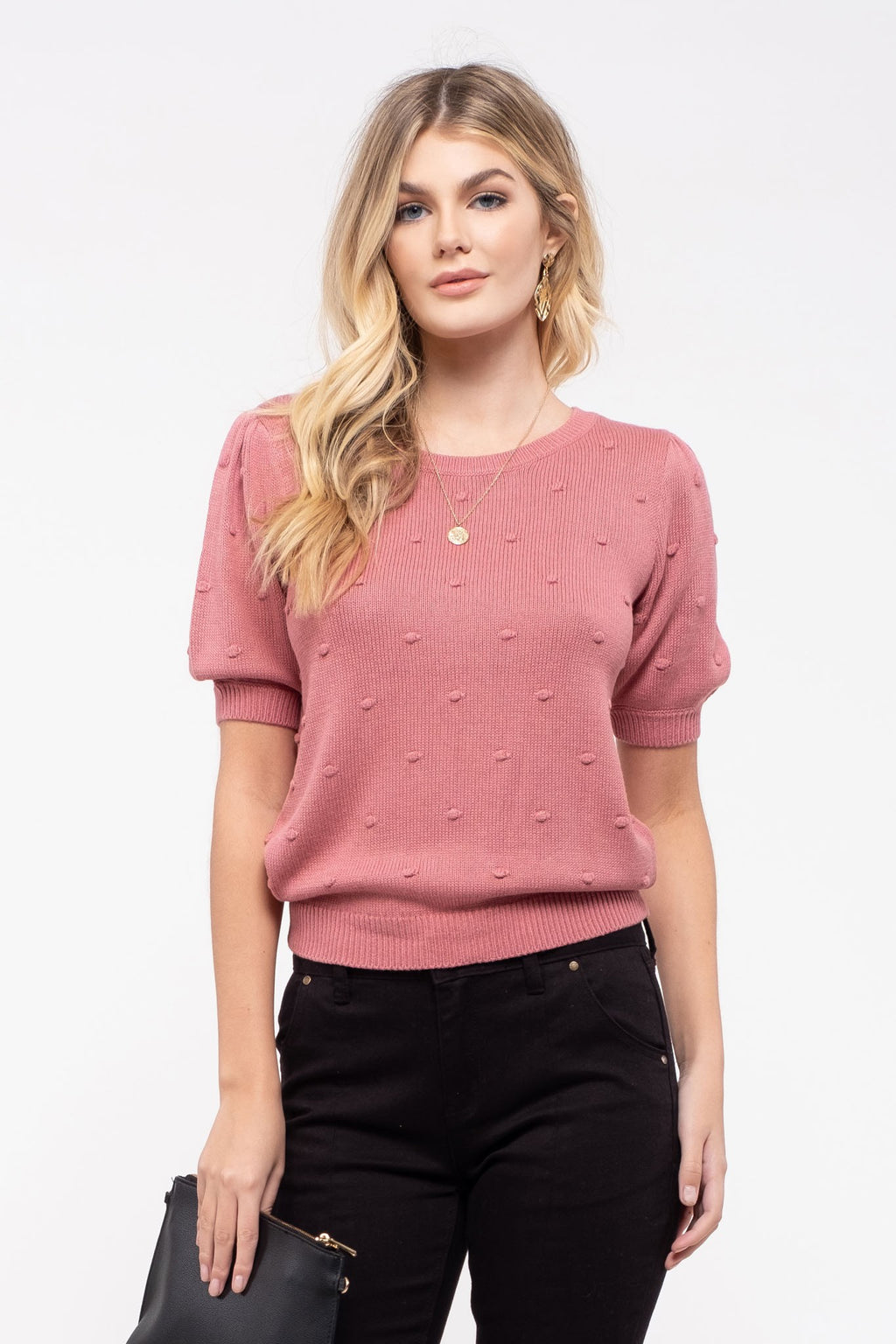 Swiss Dot Puff Sleeve Knit Top