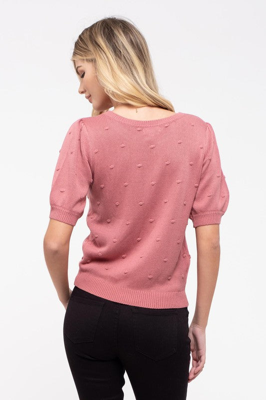 Swiss Dot Puff Sleeve Knit Top