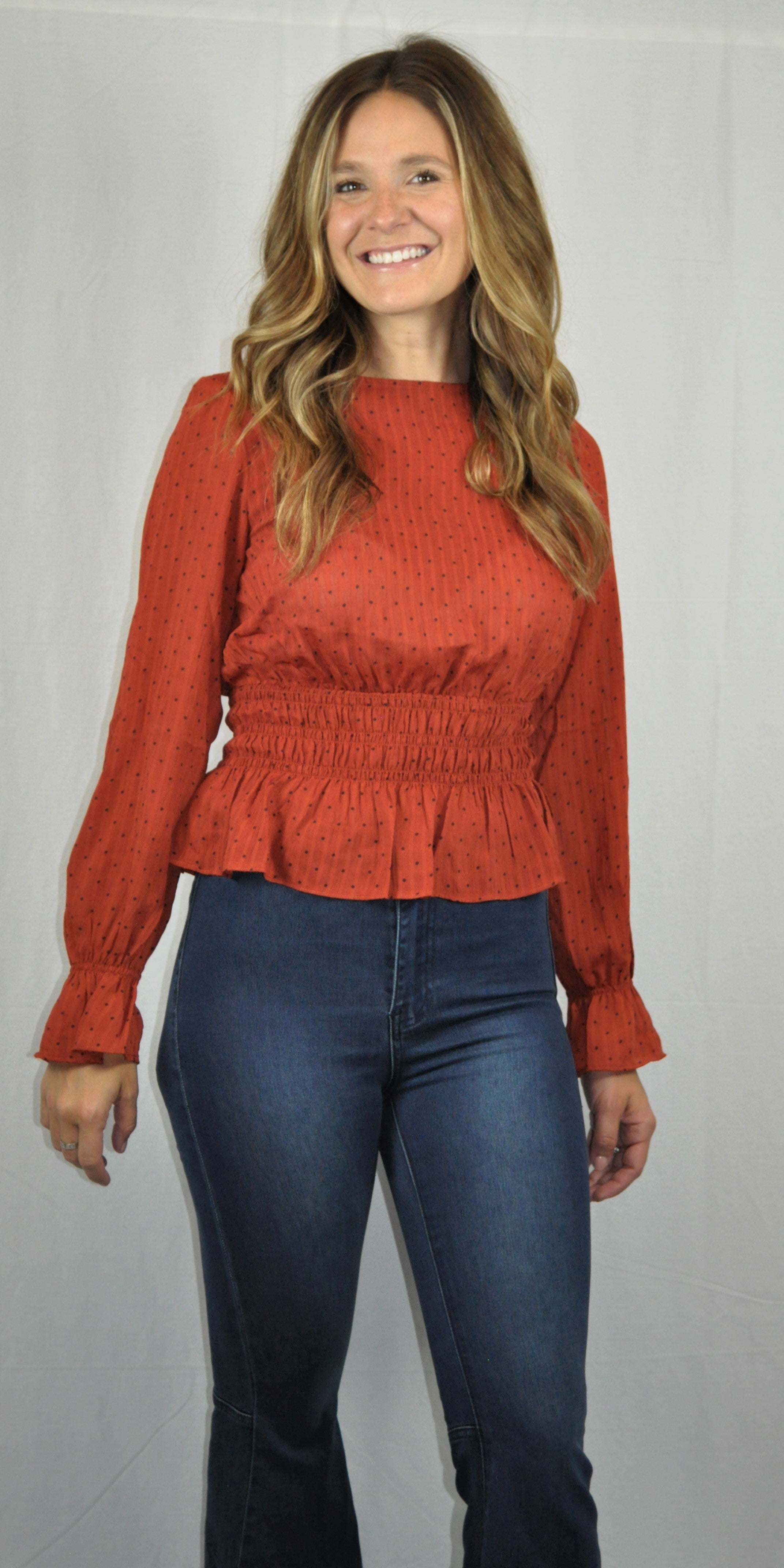 SMOCKED POLKA DOT BLOUSE