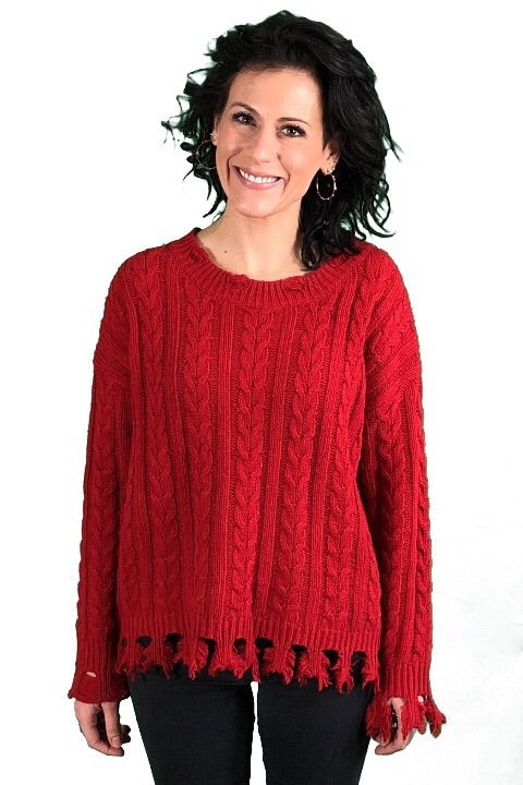DISTRESSED CABLE KNIT SWEATER