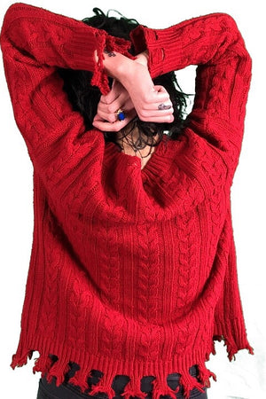 DISTRESSED CABLE KNIT SWEATER